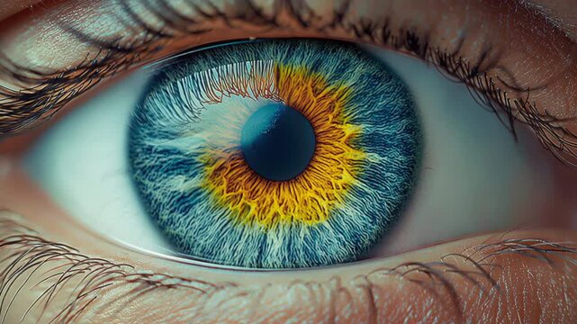 A eye in extreme close-up. Intricate details of the iris subtle reflections of light, evoking a sense of mystery and human emotion thanks to the camera's smooth zoom in.