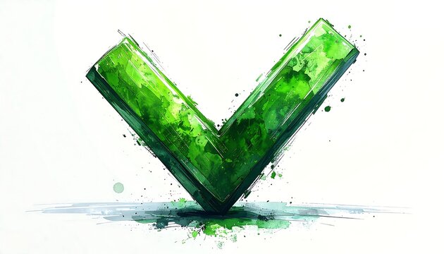 Vibrant, textured green checkmark illustration. Watercolor style with splatter effect on white background. Modern, fresh, clean