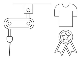 Sewing machine needle stitching fabric, T-shirt, and winner ribbon emphasizing skillcraft, manufacturing, quality control. Ideal for industry, fashion, design, craftsmanship achievement branding