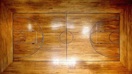 Wooden basketball court viewed from above with clear markings and shiny surface in a sports facility, showcasing the layout for team games