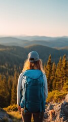 Naklejka premium Woman with a backpack standing on a mountain peak, looking at a beautiful forest landscape and hills during golden hour