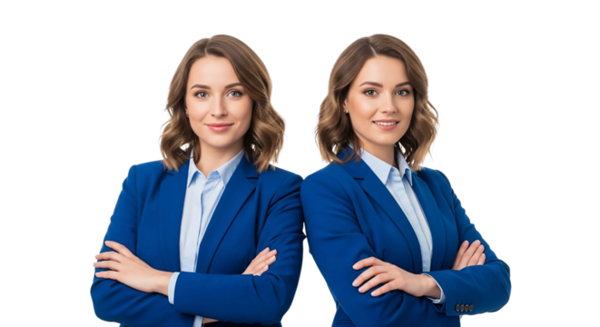 Two confident businesswomen in blue suits isolated on transparent background