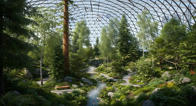 Indoor forest landscape under glass dome with trees plants and water features for nature lovers escape