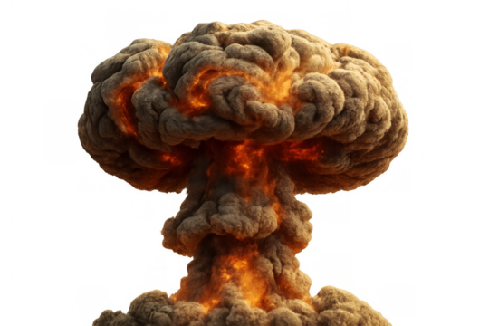 Explosive mushroom cloud forming, symbolizing destructive power of nuclear devastation and global threat, isolated with transparent background