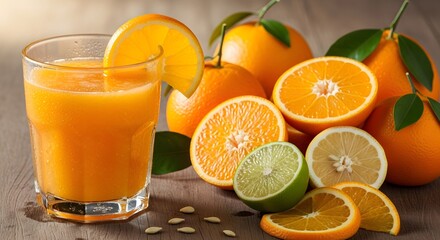 Fresh orange juice with citrus fruits for healthy breakfast and vitamin c boost on wooden table top view