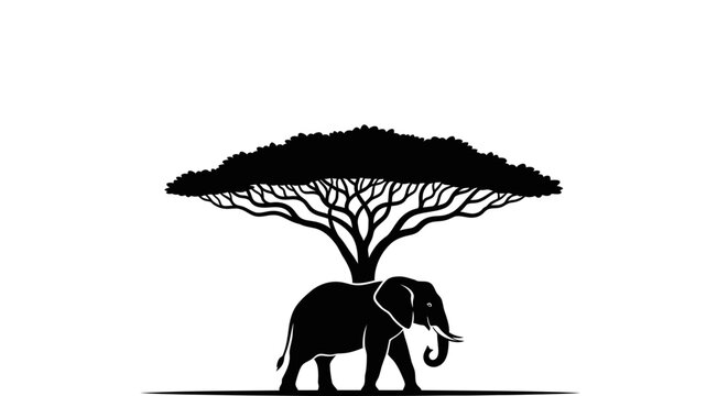 Majestic elephant walks under iconic acacia tree in stylized silhouette