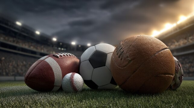 Various sports balls arranged on grassy field in a stadium showcasing multiple sports in vibrant atmosphere during competitive event - Powered by Adobe