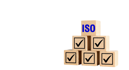 Wooden blocks stacked with iso and check mark isolated on transparent background