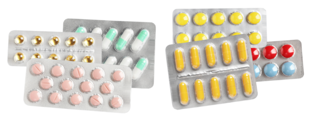 a photograph of assorted colorful medical tablets and capsules displayed in various reflective silver blister packs, illustrating diverse pharmaceutical products for health.