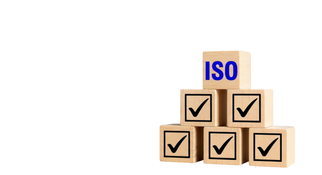 Wooden blocks stacked with iso and check mark isolated on transparent background