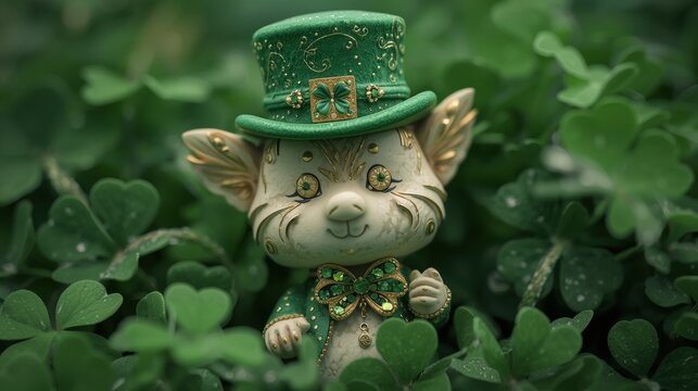Cute st patricks day cat figurine wearing green hat and clover
