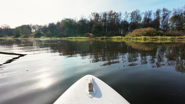 Experience a stunning paddleboarding adventure on calm waters, surrounded by lush greenery and autumn colors. Perfect for relaxation or outdoor lovers wanting to connect with nature