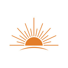 A minimalist orange icon of a rising sun over the horizon with radiating beams of light.