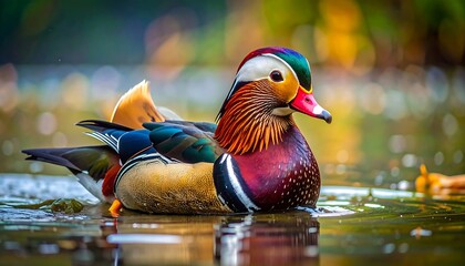 Vibrant mandarin duck swims in a pond, displaying colorful plumage amidst blurred green and gold reflections