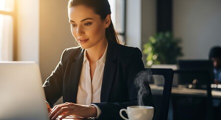 Businesswoman Working on Laptop in Office with Coffee