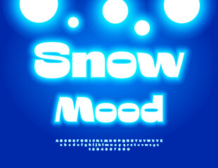 Vector Festive poster Snow Mood. Winter Cool White Font. Holiday Neon Alphabet Letters and Numbers set.