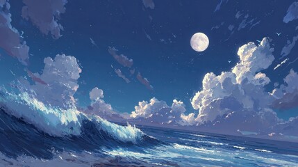 Majestic ocean waves under a bright full moon with scattered clouds illuminated by night sky