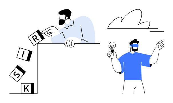 Man pushes blocks labeled RISK over edge while another holds a lightbulb, promotes solutions. Ideal for creativity, innovation, decision-making, responsibility, risk management, problem-solving