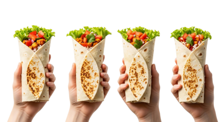 Hands holding four delicious burritos isolated on transparent background for lunch