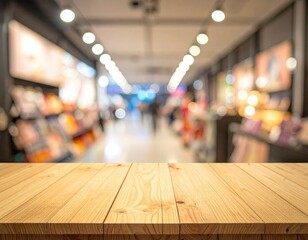 Wooden planks overlook blurred shopping aisle with bright lights