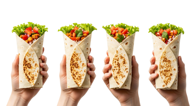 Hands holding four delicious burritos isolated on transparent background for lunch