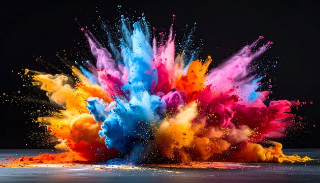 Vivid explosion of bright, multi-colored powder creates dynamic cloud against a dark backdrop