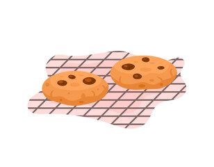 Illustration of cookies on a baking tray. Cookies with Choco Chips. Pastries. Food and products. Flat design style. Elements, white background.