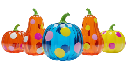 Colorful polka dot pumpkins isolated on transparent background for fall decor