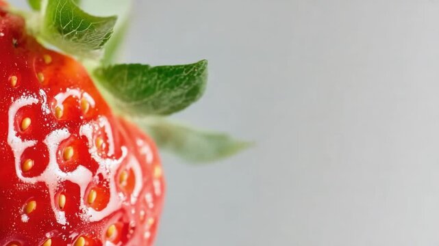 Close-up of a bright red strawberry with visible yellow seeds and a green leafy crown.