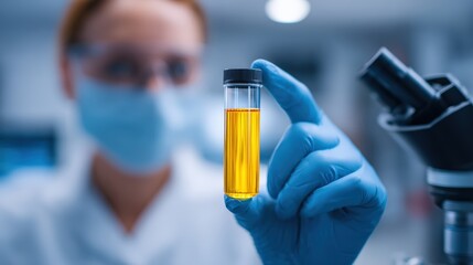 Scientist wearing protective gloves and mask holding a test tube with yellow liquid in a laboratory setting, conducting research