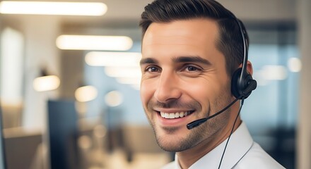 Portrait of a handsome male customer service representative with a headset, smiling cheerfully while working in a modern office