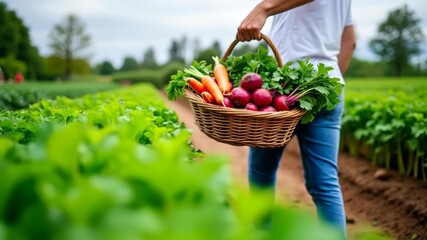 A person's hand holding a basket filled with freshly harvested vegetables. Healthy natural food concept. - Powered by Adobe