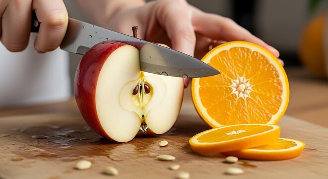 Person Cutting Apple and Orange on Wooden Cutting Board with Knife Fresh Fruit Healthy Snack