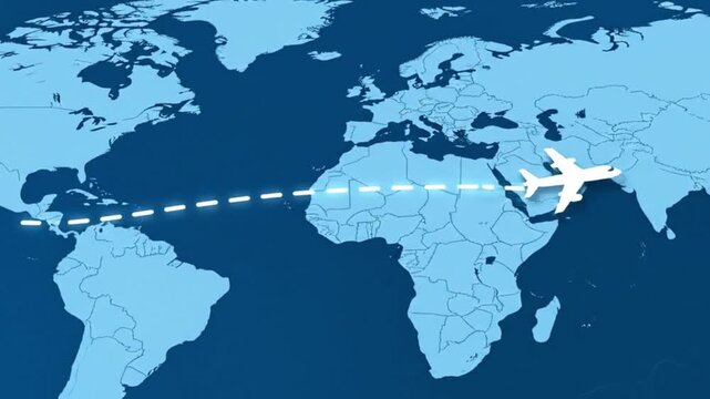 Animated airplane flight path over a stylized world map showing travel destinations, ideal for tourism ads and global business presentations