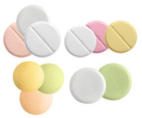 multiple round, colorful pills and tablets scattered across a black surface, including scored and unscored variants for medical or pharmaceutical design concepts.