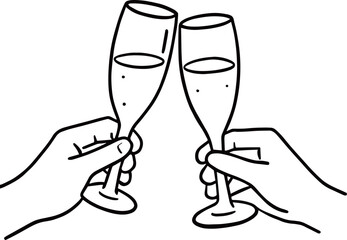 Two hands toasting with champagne glasses. Minimalist line art vector illustration for celebration, wedding, or New Year party.