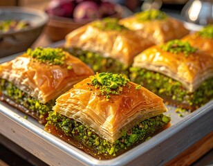 Layered baklava pastries topped with pistachios