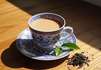 Cup of Tea with Milk on Wooden Table drink beverage hot saucer leaf leaves blue white floral pattern afternoon tea morning relax