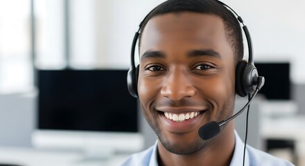 Smiling customer service representative wearing a headset, providing support and assistance