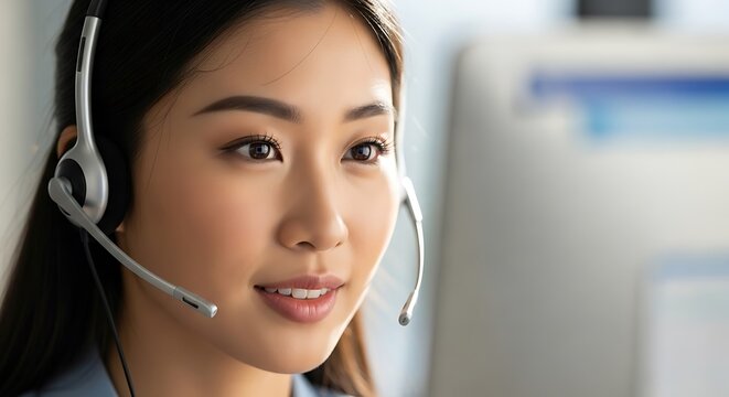 Close-up of a friendly young Asian customer service representative with a headset, engaging in professional communication and support in an office setting