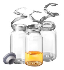 three clear glass medical vials, opened with aluminum seals peeled back, one containing a yellow-amber liquid, isolated on a transparent background photograph.