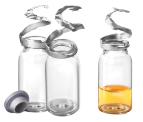 pair of pharmaceutical glass vials, featuring one empty container and one containing yellow liquid, with torn aluminum caps isolated on black.