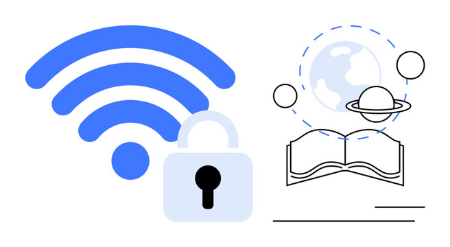 wireless symbol with padlock suggesting security, open book with global and planetary elements representing education. Ideal for technology, security, internet, e-learning, data protection, global