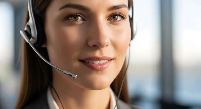 Close-up of a friendly female customer service representative wearing a headset, ready to assist clients with a smile in a professional office environment