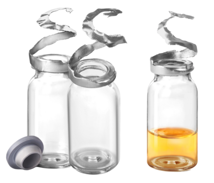 pair of pharmaceutical glass vials, featuring one empty container and one containing yellow liquid, with torn aluminum caps isolated on black.