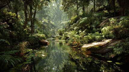 Obraz premium Lush green jungle with a serene waterway reflecting vibrant foliage under soft sunlight