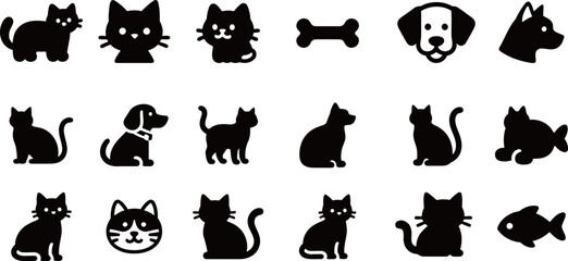 Set of cat and dog silhouettes. Vector icon collection of pets, including animal profiles, bone, and fish. © 星星 段
