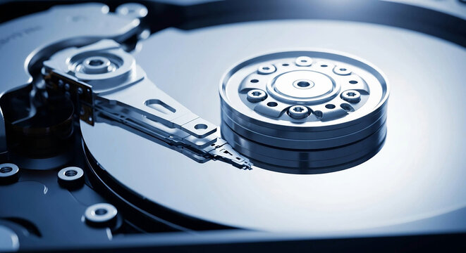 Close up of a hard drive with the read head over the platter surface isolated on transparent background