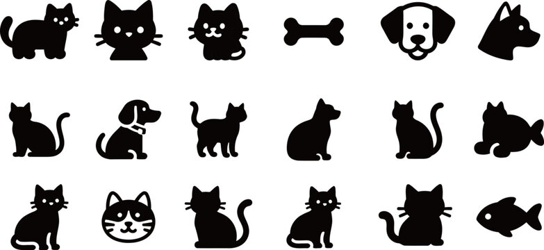 Set of cat and dog silhouettes. Vector icon collection of pets, including animal profiles, bone, and fish.