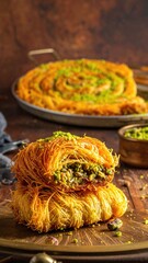 Crispy pastry towers with pistachio filling, on wood